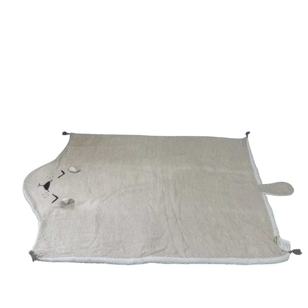 Pottery Barn Kids Gray Bear Blanket White Sherpa Face 3D Ears Linen Lovey